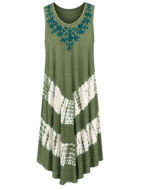 Sleeveless Olive Green Tie-Dye Midi Dress with Embroidered Neckline